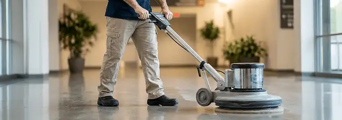 Professional technician using an industrial floor buffer to polish and maintain shiny commercial flooring in a corporate hallway in Indianapolis, IN.